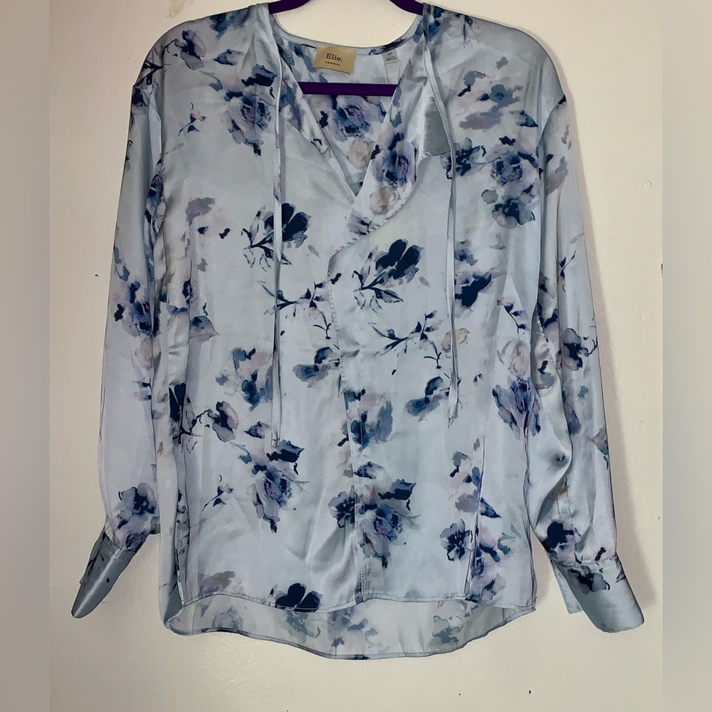 Elie Tahari Floral Long Sleeve Blouse (S/P; Blue)